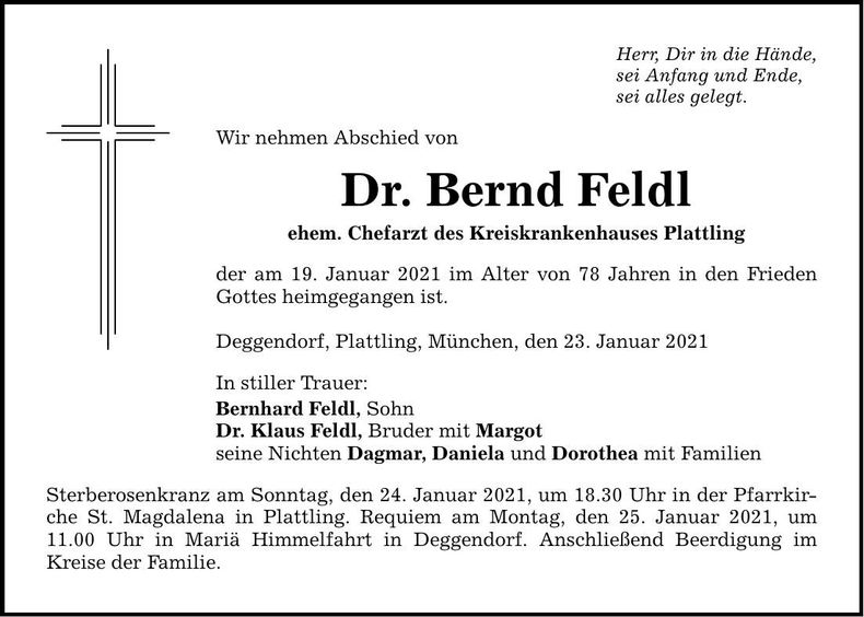 Traueranzeige Bernd Feldl