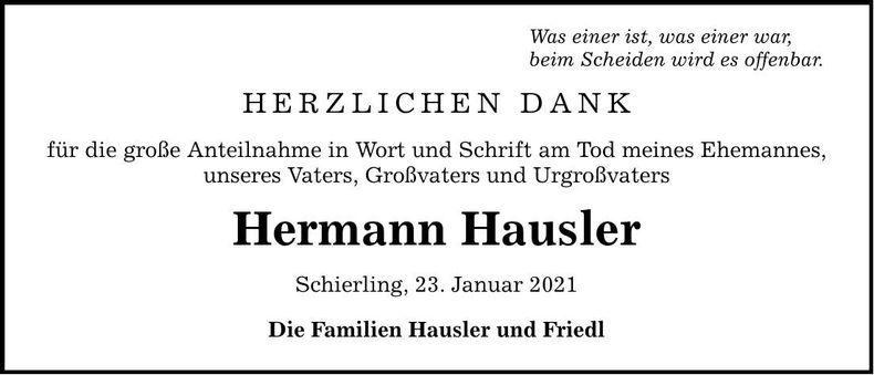 Traueranzeige Hermann Hausler