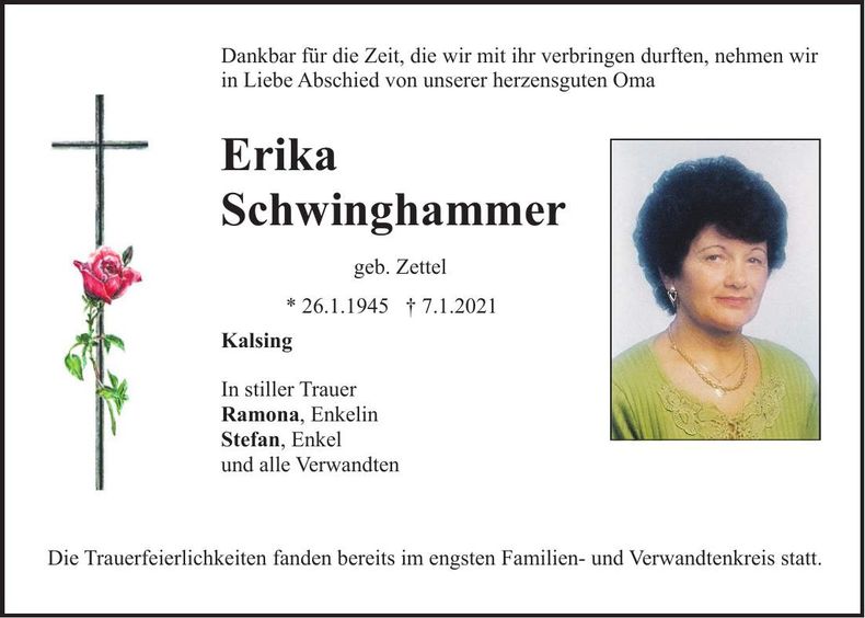 Traueranzeige Erika Schwinghammer