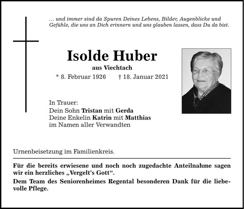 Traueranzeige Huber Isolde