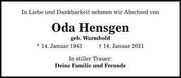 Traueranzeige Oda Hensgen