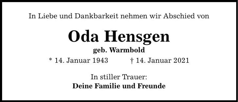 Traueranzeige Oda Hensgen