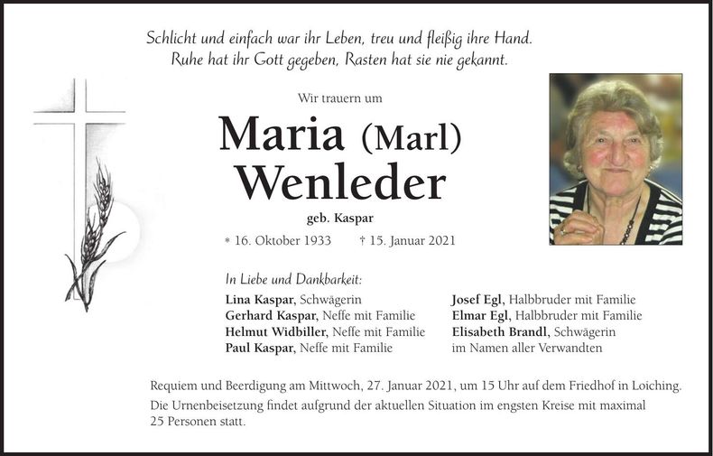 Traueranzeige Maria Wenleder