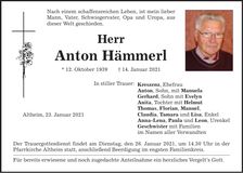 Traueranzeige Anton Hämmerl