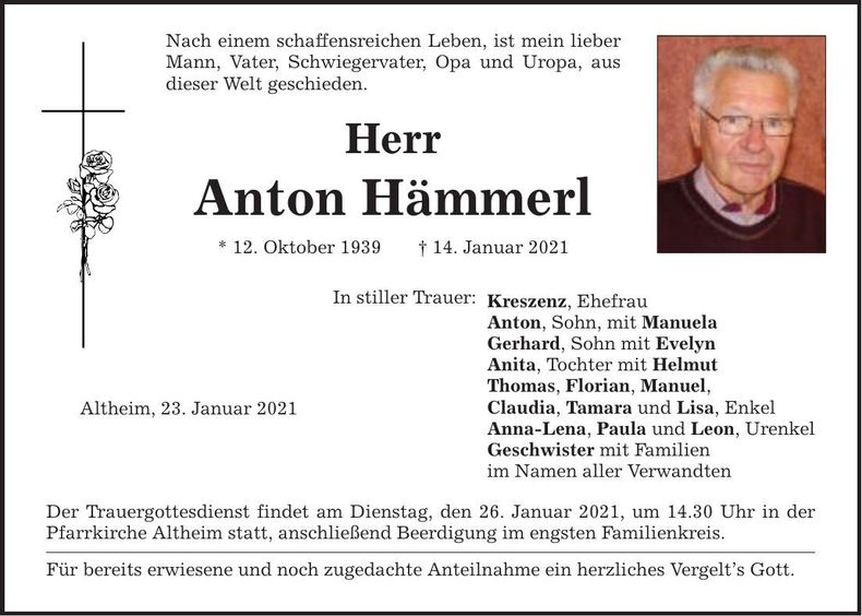 Traueranzeige Anton Hämmerl