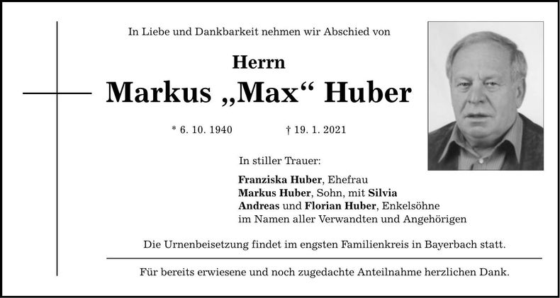 Traueranzeige Markus "Max" Huber