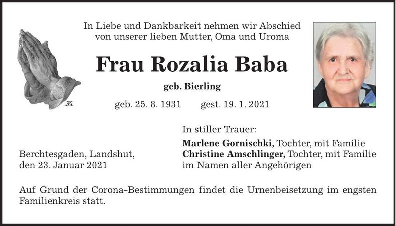 Traueranzeige Rozalia Baba