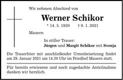 Traueranzeige Werner Schikor