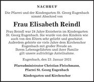 Traueranzeige Elisabeth Reindl
