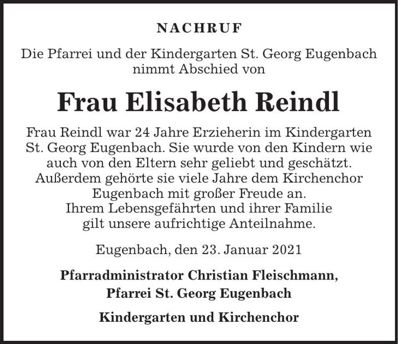 Traueranzeige Elisabeth Reindl