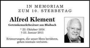 Traueranzeige Alfred Klement