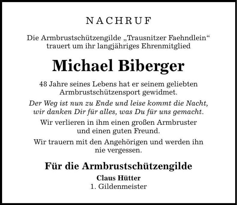 Traueranzeige Michael Biberger