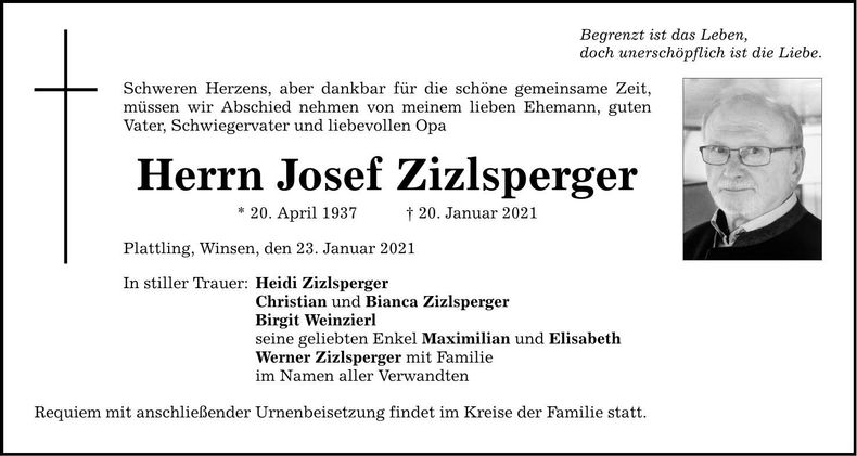 Traueranzeige Josef Zizlsperger