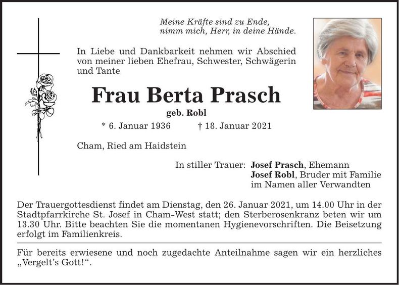 Traueranzeige Berta Prasch