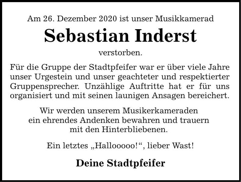 Traueranzeige Sebastian Inderst