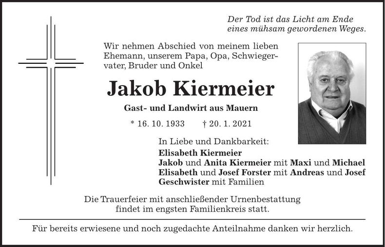 Traueranzeige Jakob Kiermeier