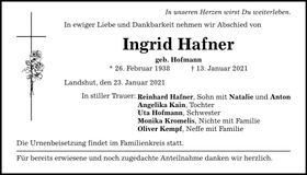 Traueranzeige Ingrid Hafner