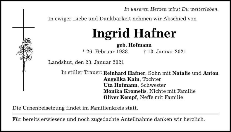 Traueranzeige Ingrid Hafner