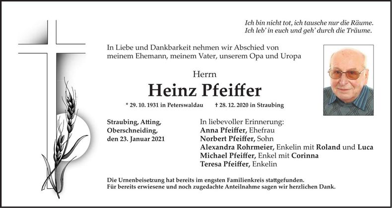 Traueranzeige Heinz Pfeiffer