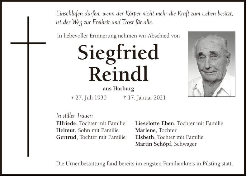 Traueranzeige Siegfried Reindl