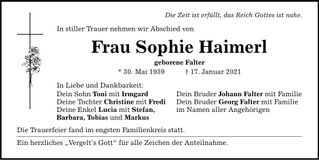 Traueranzeige Sophie Haimerl