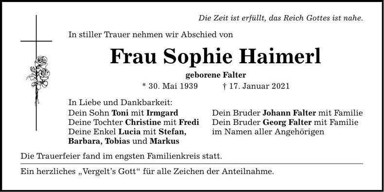 Traueranzeige Sophie Haimerl