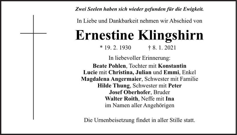 Traueranzeige Ernestine Klingshirn