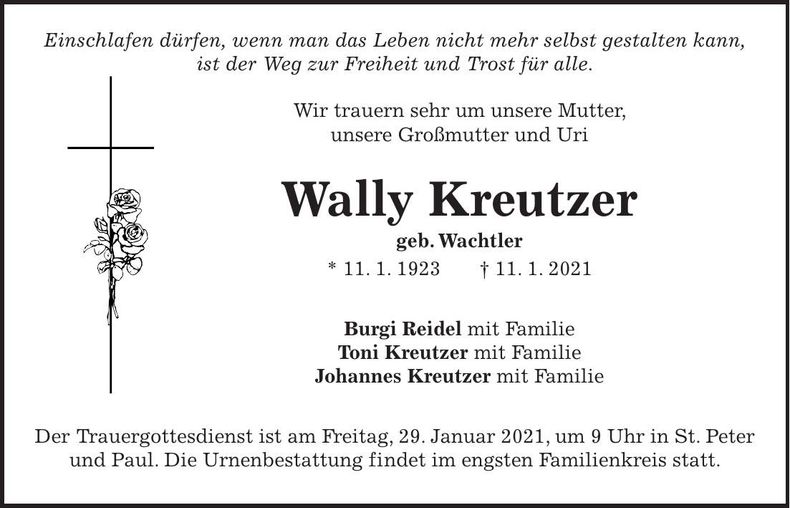 Traueranzeige Wally Kreutzer