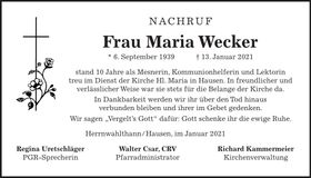 Traueranzeige Maria Wecker