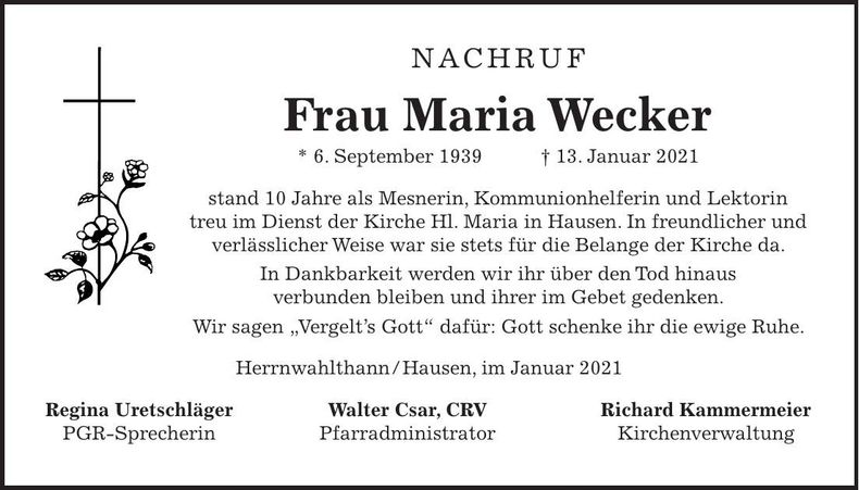 Traueranzeige Maria Wecker