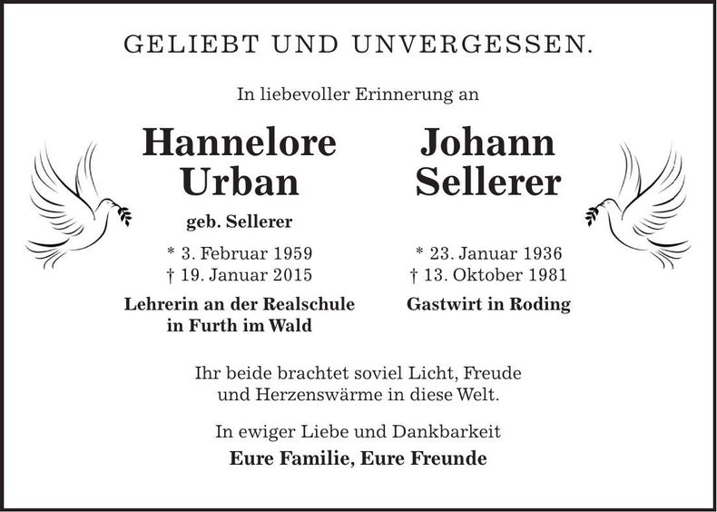 Traueranzeige Urban und Sellerer Hannelore und Johann