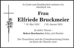 Traueranzeige Elfriede Bruckmeier