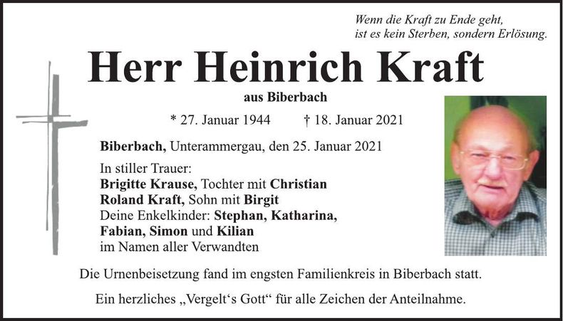 Traueranzeige Heinrich Kraft