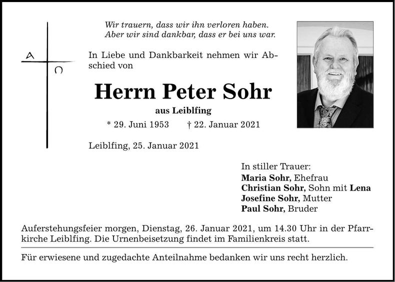 Traueranzeige Peter Sohr