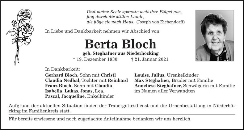 Traueranzeige Berta Bloch