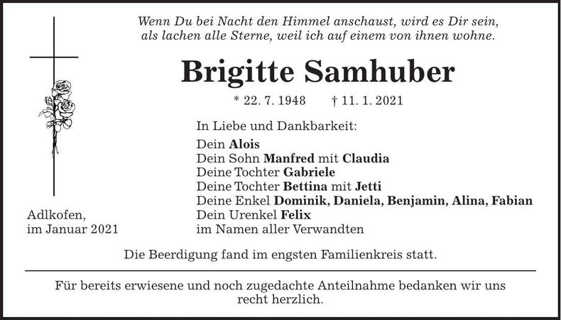 Traueranzeige Brigitte Samhuber