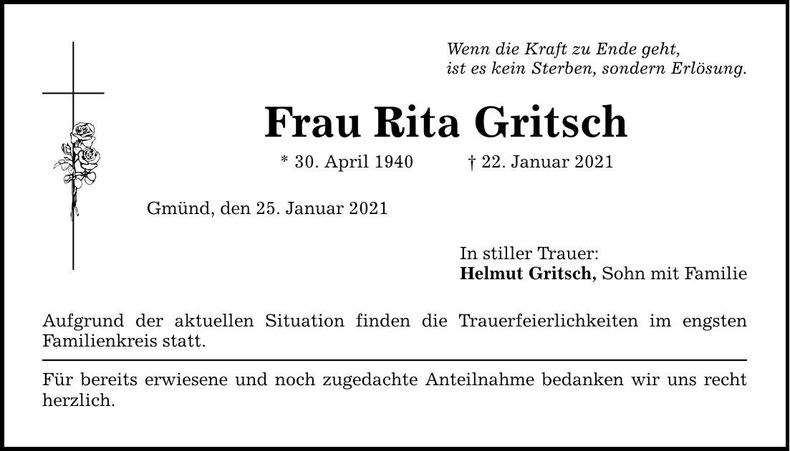 Traueranzeige Rita Gritsch