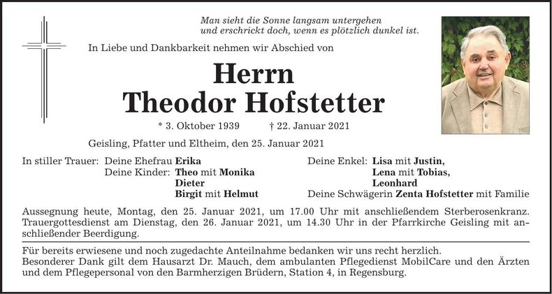 Traueranzeige Theodor Hofstetter