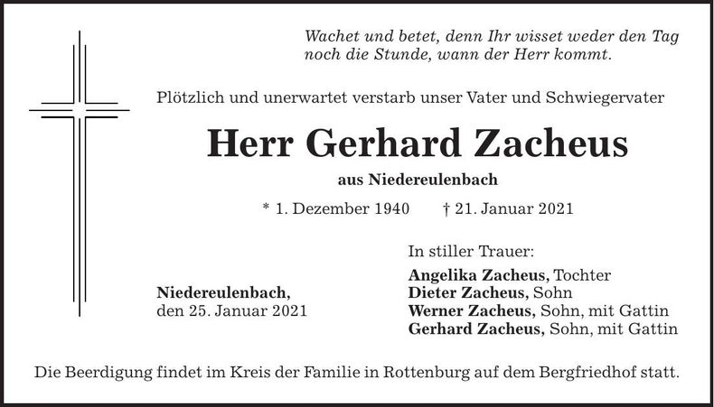 Traueranzeige Gerhard Zacheus