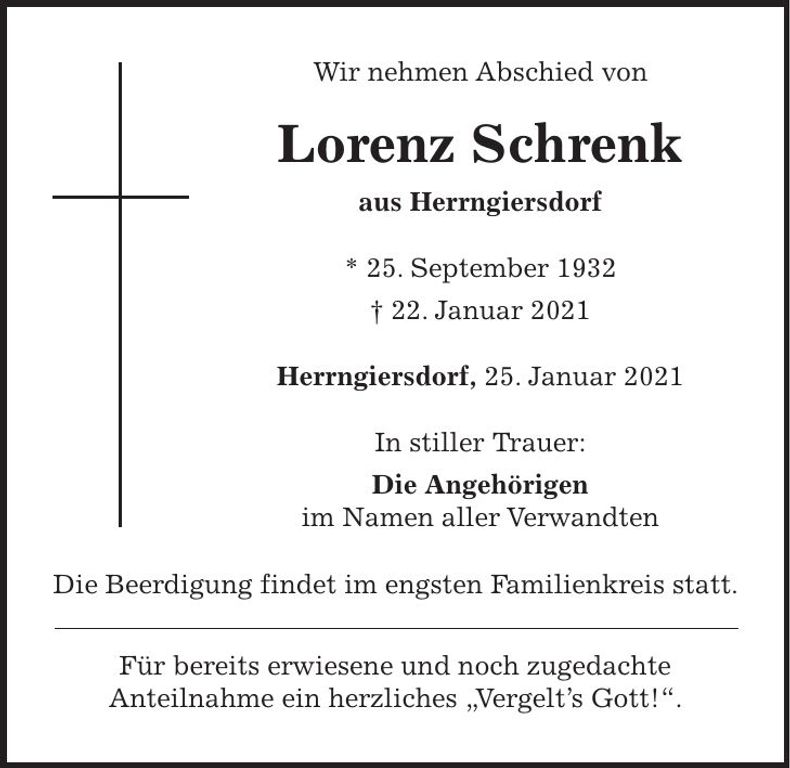 Traueranzeige Lorenz Schrenk