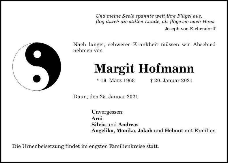 Traueranzeige Margit Hofmann