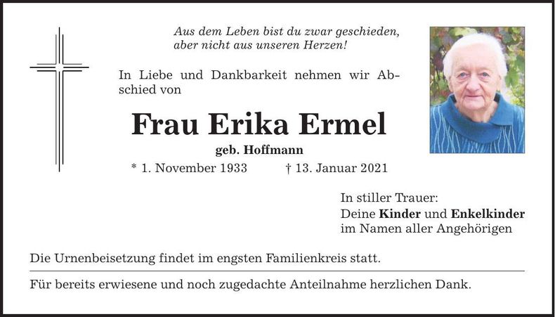 Traueranzeige Erika Ermel