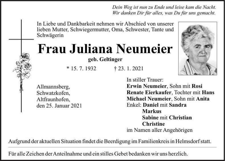 Traueranzeige Juliana Neumeier