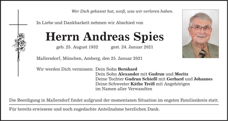 Traueranzeige Andreas Spies