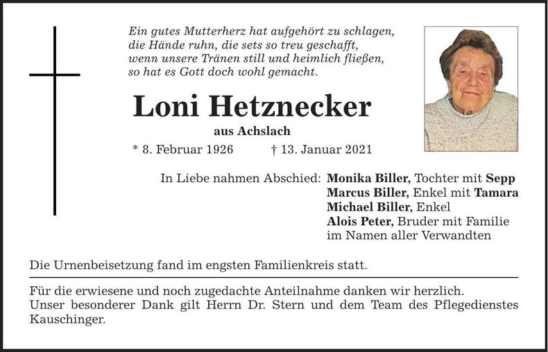 Traueranzeige Loni Hetznecker