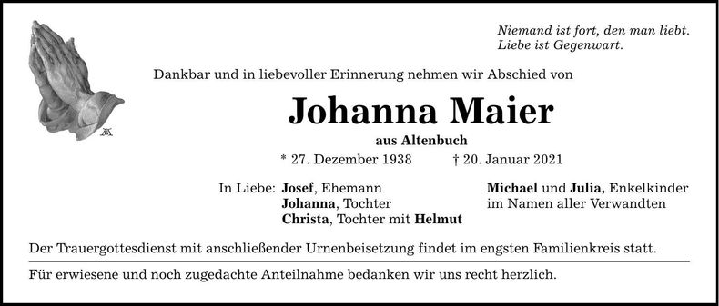 Traueranzeige Johanna Maier