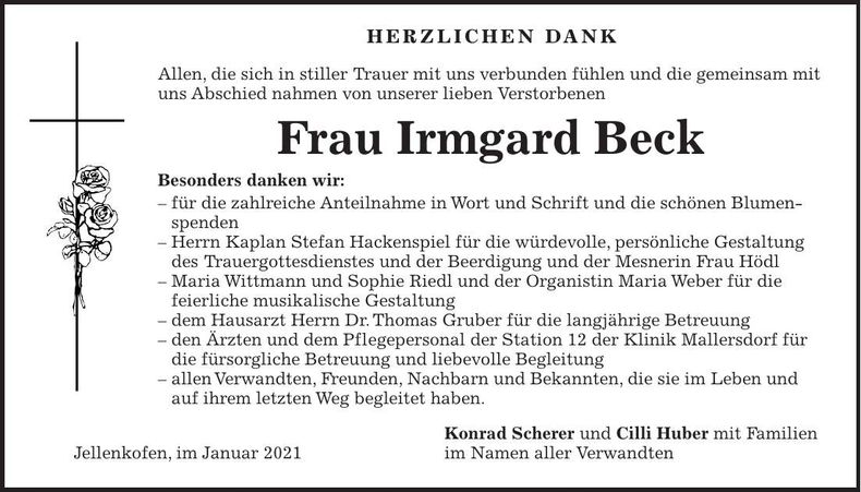 Traueranzeige Irmgard Beck