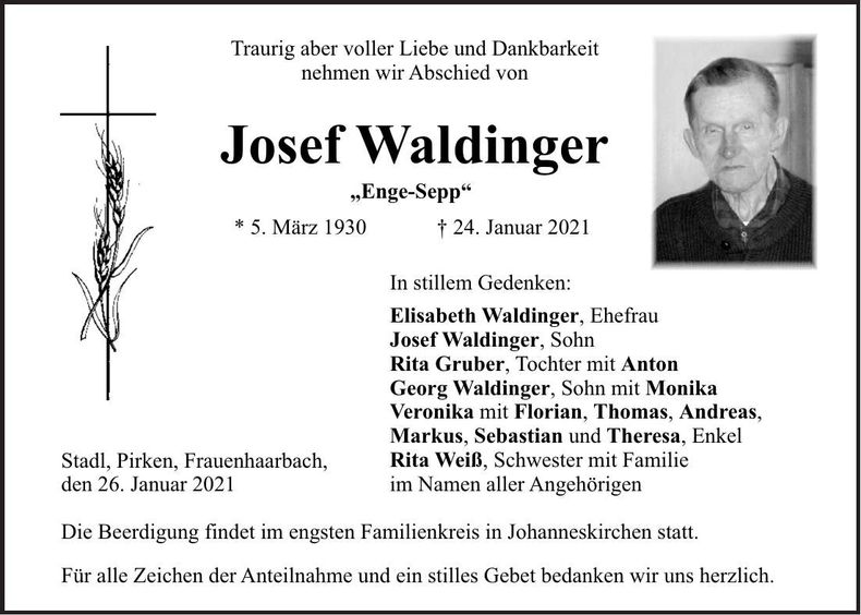 Traueranzeige Josef Waldinger