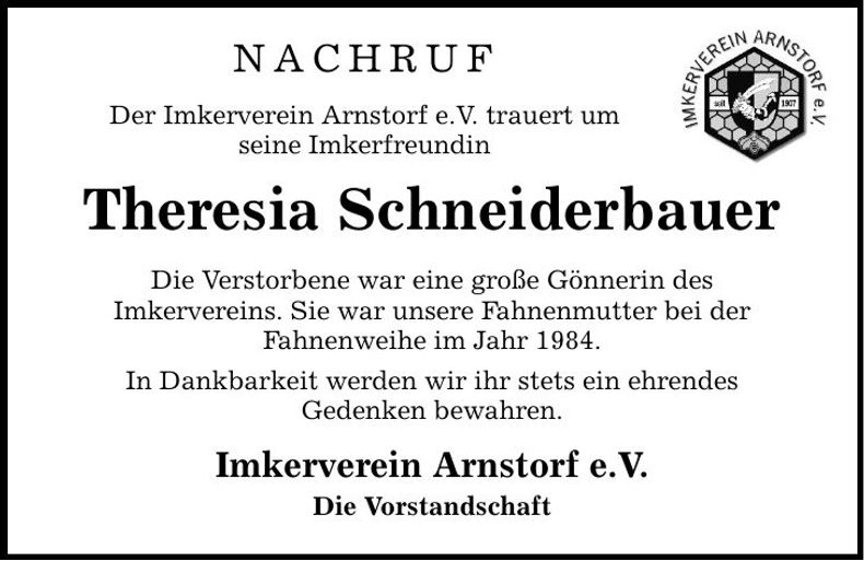 Traueranzeige Theresia Schneiderbauer