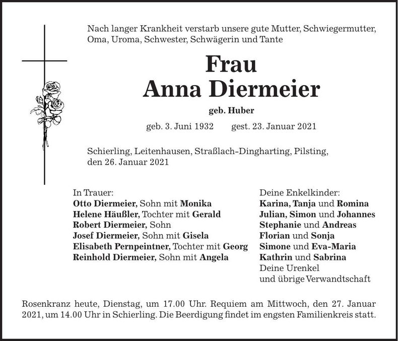 Traueranzeige Anna Diermeier